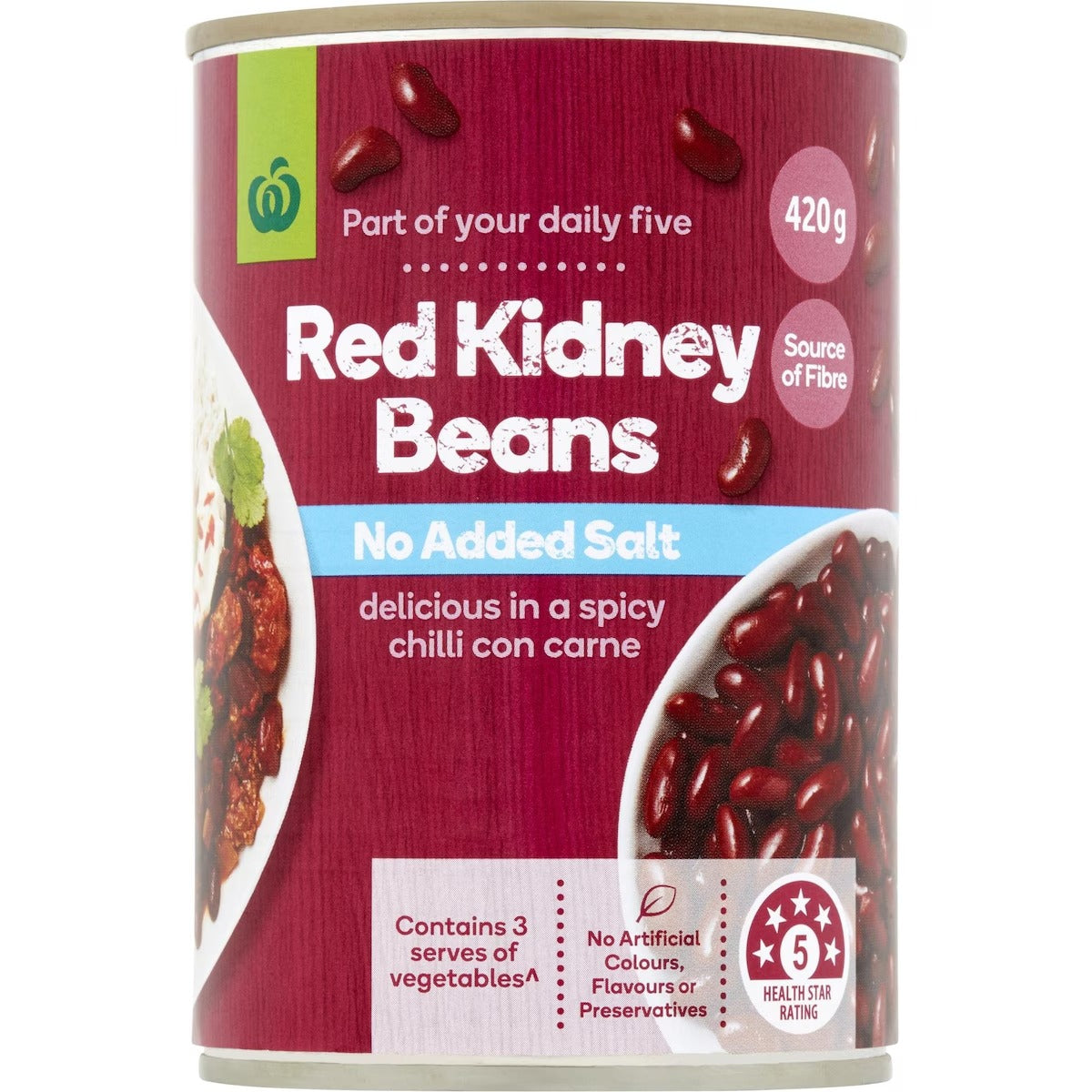 Woolworths Beans Red Kidney (No Added Salt)  420g